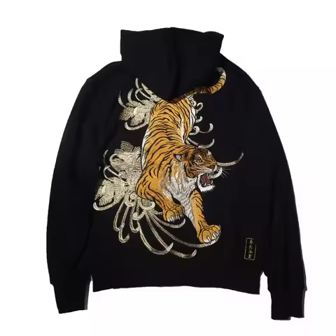 Bamboo Tiger Chrysanthemum Embroidered Yokosuka Sukajan Hoodies Coats Black Men Boys High Quality Sw