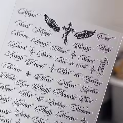 Black White Letter Words Nail Stickers Angel Wings Letter Mixed Designs Holographic Y2K Nail DIY Dec