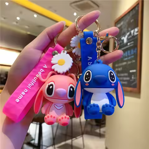 2PCS Cartoon Cute Lilo & Stitch Silicone Pendant Keychain for Women Men Fans Kawaii Scrump Angel Key
