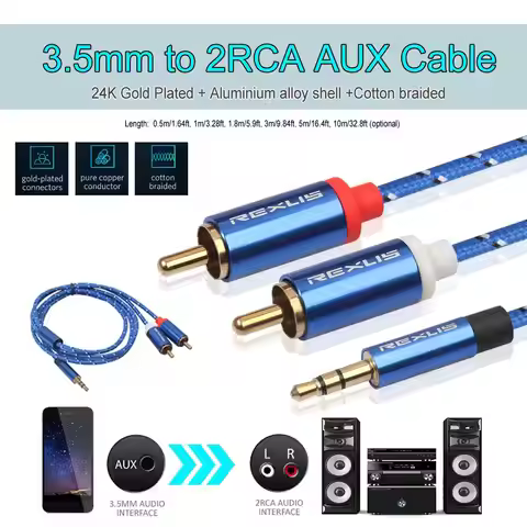 Audio Cable 0.5/1/1.8/3/5/10m RCA Audio Cable 2RCA Male to 3.5mm Jack to 2 RCA AUX Cable Cotton Brai