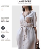 LAHSTORE scratched linen dress with shirt collar, half sleeves, floral embroidered chest pocket DS18