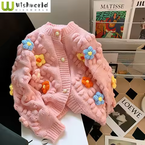 New Autumn and Winter Handmade Crochet Knitted Cardigan Sweater Women's Three-dimensional Ball Ball