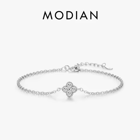 MODIAN 925 Sterling Silver Exquisite Lucky Four Leaf Clover CZ Link Chain Stackable Sweet Bracelet F