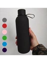1pc 500ML/17OZ Stainless Steel Vacuum Insulated Water Bottle, Rubber Coated Delicate Texture With St