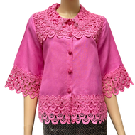 เสื้อเชิ้ตลินินผู้ใหญ่แต่งลูกไม้คอตตอนนิ่ม อก 38" 40" 42" 44" 46" 48" 50" อินกะออย In Ka Oil สีครีม/