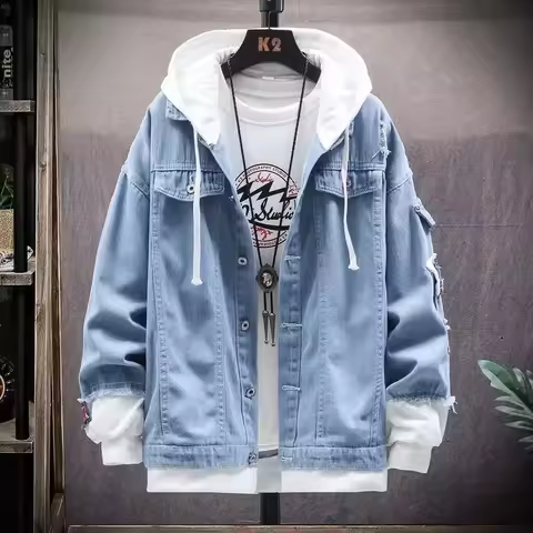 Denim Jacket Mens Hooded Slim Fit Casual Streetwear Jean Jackets Long Sleeve Trendy Outerwear Autumn