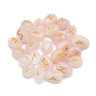 ARHAM CRYSTAL Rose Quartz Runes Stone Set with Velvet Pouch, Elder Futhark Viking Engraved Divinatio