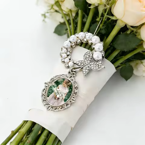 Custom Image Metal Bouquet butterfly Pendant, Heat Transfer Customised Wedding Bouquet Accessory, Cu