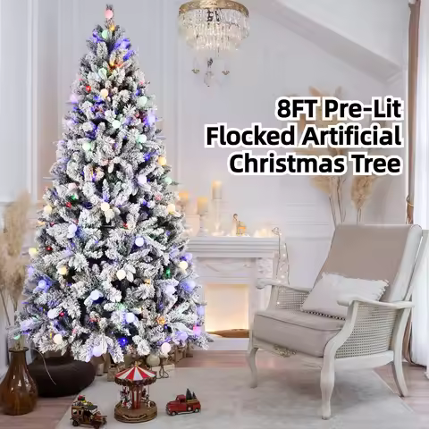 8FT Pre-Lit Flocked Artificial Christmas Tree Snow Flocked Natural Layered Fake Christmas Tree with 