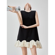 PlumJan | Cloud Flare Stitched Sleeveless Loose Black A-Line Camisole Dress