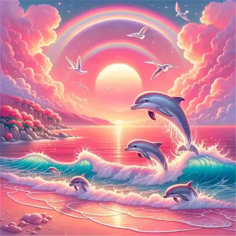 A Set of Pink Sunset and Dolphin-themed 5D Diamond Painting Tools, Round Acrylic Diamond Painting Cr