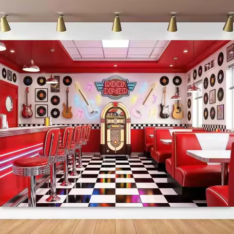 1950s Diner Photography Backdrop Retro Red 50s Rock and Roll Diner Banner 1950s Diner Background 195