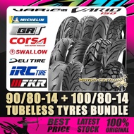 TAYAR KOMBO CORSA, FKR, SWALLOW, DELI, MICHELIN, GRT, IRC TUBELESS TYRE 90/80-14 + 100/80-14 FOR HON