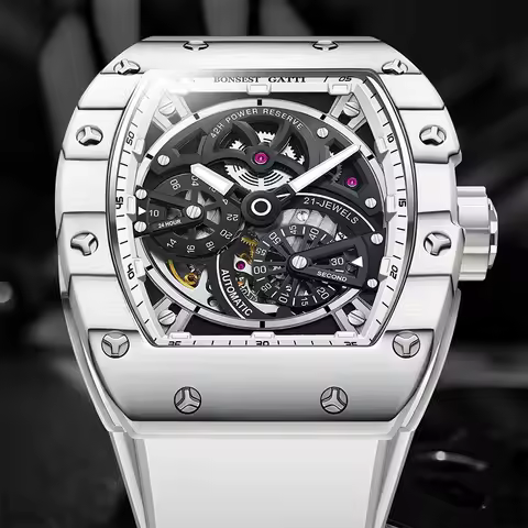 BONEST GATTI Men Tonneau Carbon Fiber Case Rubber Strap High End Skeleton Automatic Mechanical Wrist