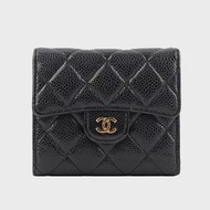 CHANEL 金色CC Logo 菱格紋荔枝牛皮三折短夾_展示品 (黑色)