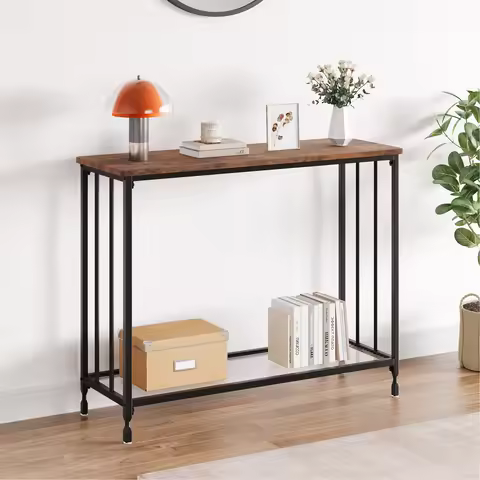 Narrow Entryway Console Table with Glass Shelf and Metal Frame Behind Couch Table Industrial Hallway