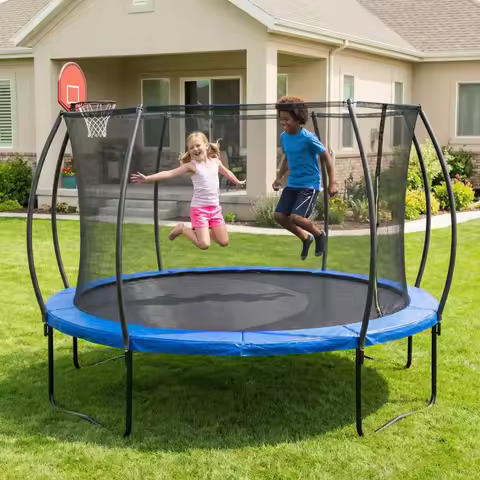 14 FT Pumpkin Trampoline, Outdoor Trampoline with Basketball Hoop, Enclosure Net and Ladder
