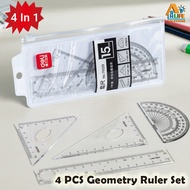 Deli Geometry Ruler Set (4pcs) - Protractor, Triangle Ruler & Straight Ruler for Students Geometry R