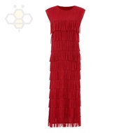 ﺴ Aiden001 Average Size Pleated Dress Tassel Stitching Sleeveless Round Neck Slimming Dress 8022