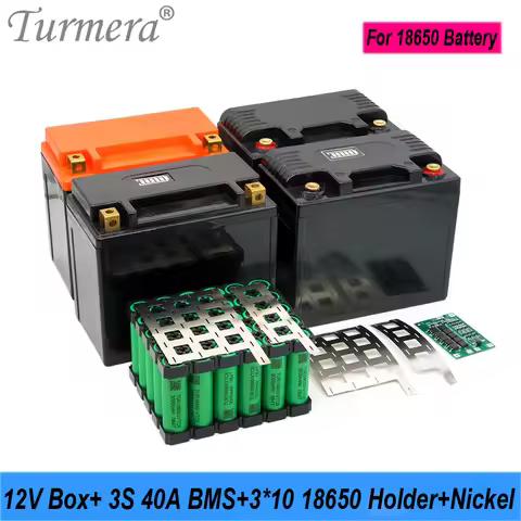 Turmera 12V 30Ah to 35Ah Motorcycle Battery Storage Box 3X10 18650 Holder 3S 40A BMS with Solder Nic