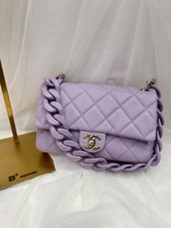 Chanel CC淺香芋紫長方淡金圈荔枝皮包粗鏈帶肩包