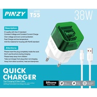 PINZY T55 Charger Double Output USB A + PD 38W Super Fast Charging + Fast Charge Micro Cable /Type C