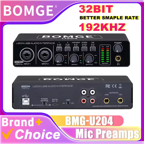 BOMGE U204 USB 2x2 Portable Audio Interface 32Bit 192kHz with 48V Phantom for PC Computer Streaming 