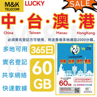 Lucky - 【中國/台灣/澳門/香港】365日 四地共用60GB高速丨數據卡 上網咭 sim卡丨網絡共享 實名登記 方便快捷