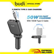 Budi 50W Car Charger 3 Type C Ports Fast Charging Built-in Retractable Type C Cable
