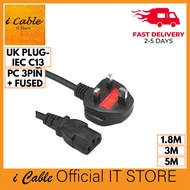 Power Cable 3 Pin UK Plug IEC C13 Power Cord with Fuse for PC Monitor Printer 1.8M/3M/5M