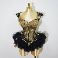 Black Gold Baroque Mesh see-through Sexy Glamorous Top Multicolor Gemstone Embellished Stage Perform