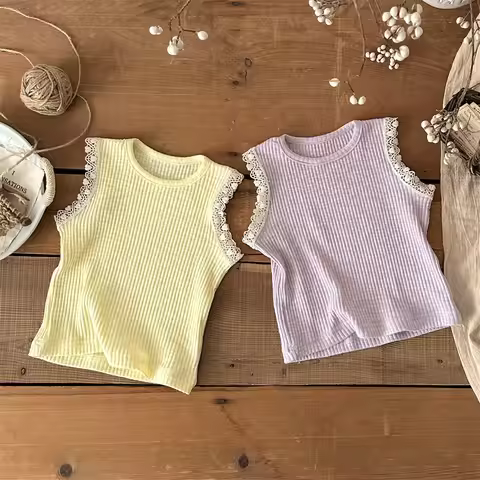 2026 Summer Casual Baby Tee 6M-2Y Girls Lace Solid Color Sleeveless Top O-Neck Soft Thin Infant Clot