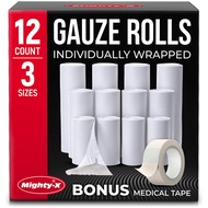 Premium Gauze Rolls - 12pk/3 Sizes Rolled Gauze - [4x2”, 4x3”, 4x4”] - 4.1yd Length - Individually W