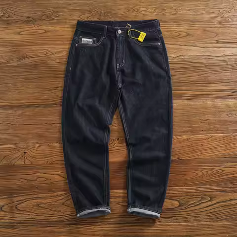 Anti-fading solid color general wash primary color denim jeans men's dark American casual loose stra