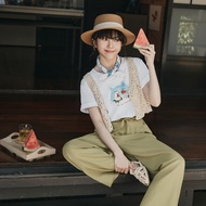 OB Miss Cat.pure Cotton Ghost Eat Watermelon Cat Print Short-Sleeved Top < IC0052 >