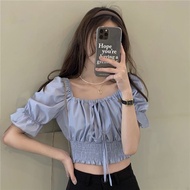 Summer New T-shirt Korean Style Slim Fit Lace Up Puff Sleeve Shirts Women's Design Sense Niche Short Tops Trendy