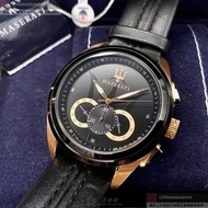 MASERATI手錶,編號R8871612025,46mm黑圓形精鋼錶殼,黑色三眼, 中三針顯示, 運動錶面,深黑色真皮皮革錶帶款,立體感十足!