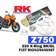 RK Sprocket Set Kawasaki Z750 RK 520 KRX X-Ring Black / Gold Chain Front 15T - R43/44/45/46T RK520 Xring Hitam Emas