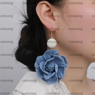 COMOING Blue Rose Earrings, Exaggerate Denims Denim Blue Fabric Earrings, Handmade Ornament Flower E