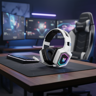 Onikuma GT806 White Wireless Gaming Headset with Bluetooth 5.4V/2.4GHz, RGB Lighting, Detachable Mic