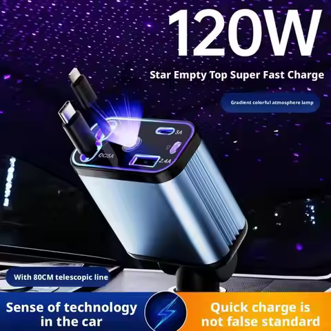 4 In 1 120W Retractable Car Phone Charger Adaptor USB C Cable Roof Starlight Fast Charging For IPhon