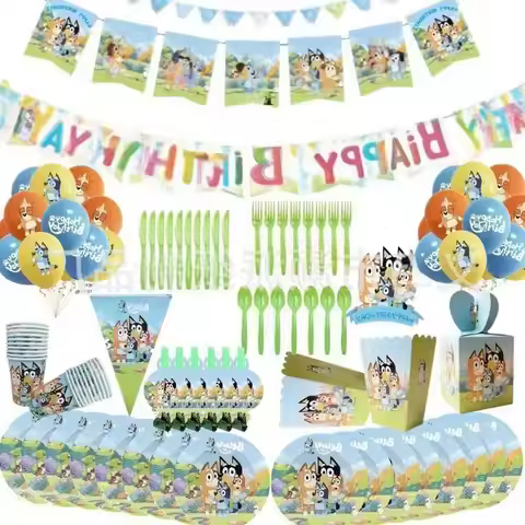 Bluey Theme Decoration Birthday Party Balloon Set Tableware Cup Knife Fork Background Baby Shower Su