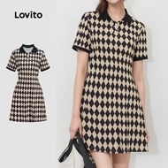 Lovito Casual Dress Argyle Contrast Binding Round Neck A-Line Mini Dress for Women LNA06010 (Multi-C