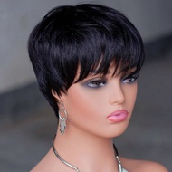 วิกผมสั้น Pixie Cut วิกผมแท้จากผมแท้ของบราซิลสำหรับผู้หญิง วิกผมเต็มเครื่องสีดำ น้ำตาล แดง