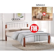 SILVER COLOUR METAL BED FRAME WITH WOODEN LEGS | COMES IN 2 SIZES : SINGLE / QUEEN