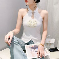 Short womens vest T-shirt 2025 summer print new style slimming fashion casual button top