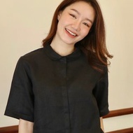 Allie 亞麻襯衫，短袖，黑
