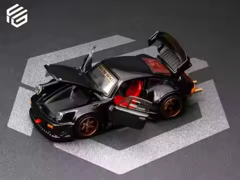 FG 1:64 Modified Porsche RWB 930 Black Diecast Car Model with Opening Hood, Doors & Rear Wing In Sto