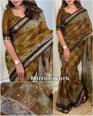 Linen slub Saree with Ajrakh print Design in full saree with Mirror Work & zari weaving border & tus