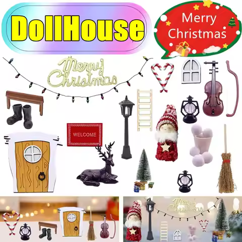 New DollHouse Elf Door Christmas Decor Fake Light String Hat Wreath Mini Tree Gift Boxes Fairy Toyho